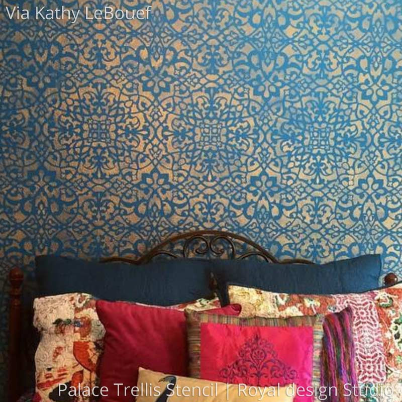 Boho Glam Girls Room Decor and Accent Wall Painted with Palace Trellis Moroccan Wall Stencils - Royal Design Studio