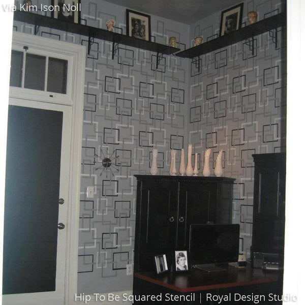 Modern or Retro Gray Wallpaper Look using Square Wall Stencils - Royal Design Studio