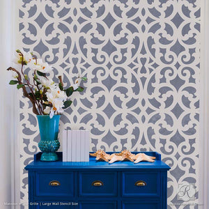 Painting Metal Trellis Patterns on Accent Wall - Mansion House Grille Trellis Wall Stencils - Royal Design Studio