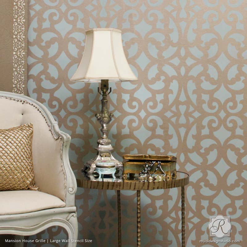 Elegant Metallic Pattern Painted on Chic Accent Wall for Wallpaper Look - Mansion House Grille Trellis Wall Stencils - Royal Design Studio