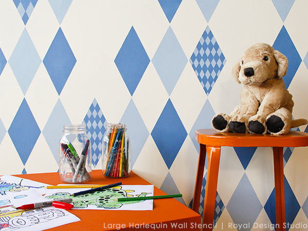 Cute Blue Boys Room Decor Painted with Harlequin Wall Stencils - Royal Design Studio