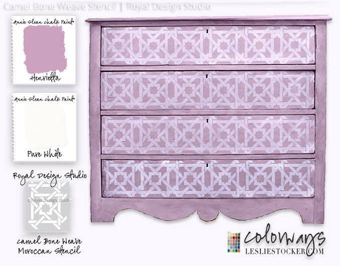 Chalk Paint Painted Dresser Drawers DIY Project Idea - Camel Bone Weave Moroccan Stencils - Royal Design Studio