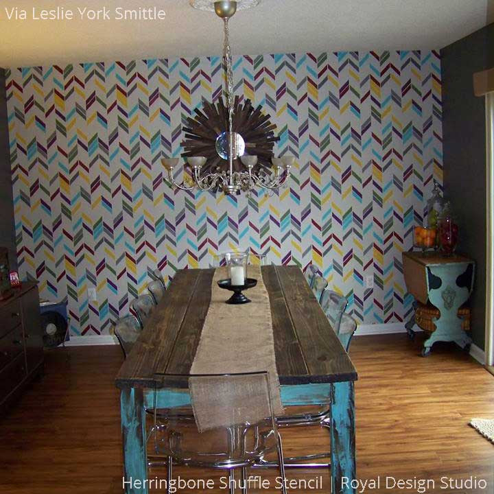 Colorful Dining Room Painted with Modern Herringbone Shuffle Wall Stencils - Royal Design Studio