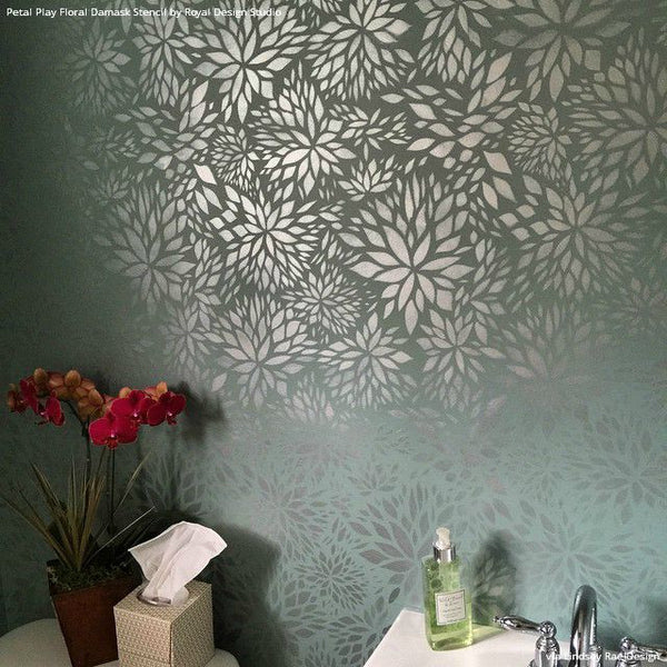 Metallic Silver and Blue Gray Accent Wall Decor - Petal Play Flower Damask Wall Stencils - Royal Design Studio