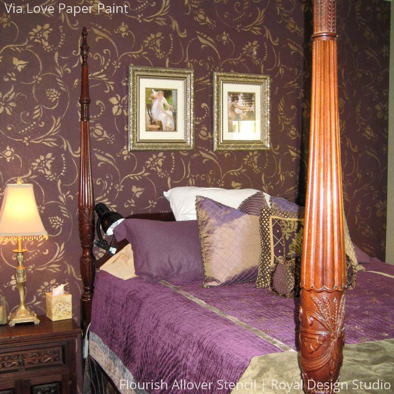 Elegant Purple Bedroom with Patterned Accent Wall - Flourish Allover Vine Wall Stencils - Royal Design Studio