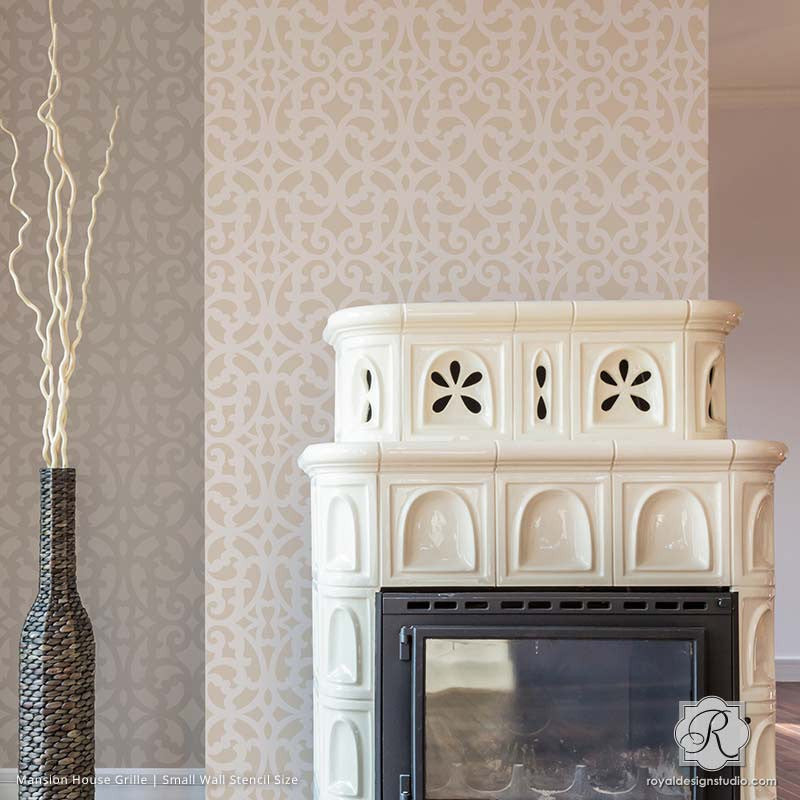 Room Makoever Idea - Neutral Painted and Stenciled Living Room Accent Wall - Mansion House Grille Trellis Wall Stencils - Royal Design Studio