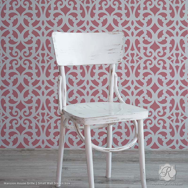 Modern Trellis Wallpaper Look Painted on Accent Wall - Mansion House Grille Trellis Wall Stencils - Royal Design Studio