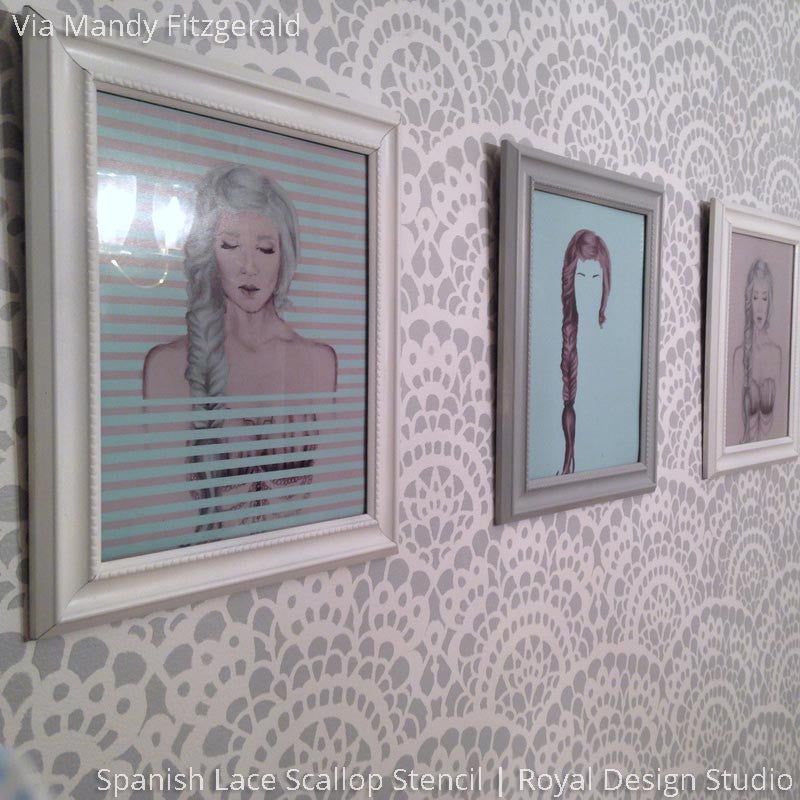 Classy and Chic Girls Room Wallpaper Look with Spanish Lace Scallop Wall Stencils - Royal Design Studio