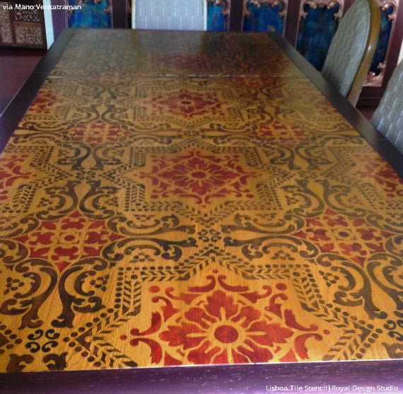 Colorful Stained Hard Wood Table Top for Stenciling - Lisboa Tile Stencil - Royal Design Studio