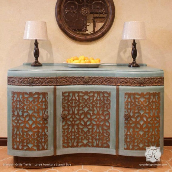 Faux Carved Wood and Patina Effect - Mansion House Grille Trellis Furniture Stencils - Royal Design Studio