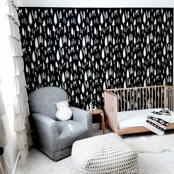 Black and White Designer Nursery Decor with Wallpaper Look - Timberland Forest Trees Wall Stencils - Royal Design Studio