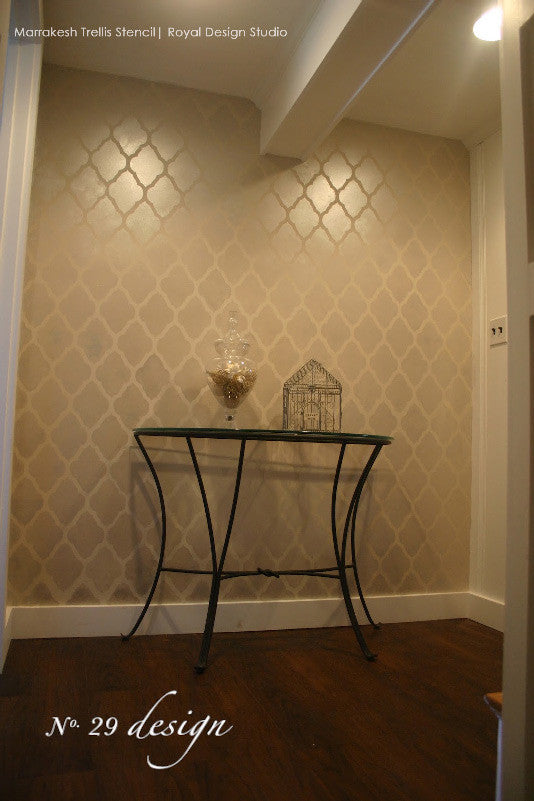 Painted Accent Wall with Marrakesh Trellis Moroccan Wallpaper Wall Stencils by Royal Design Studio