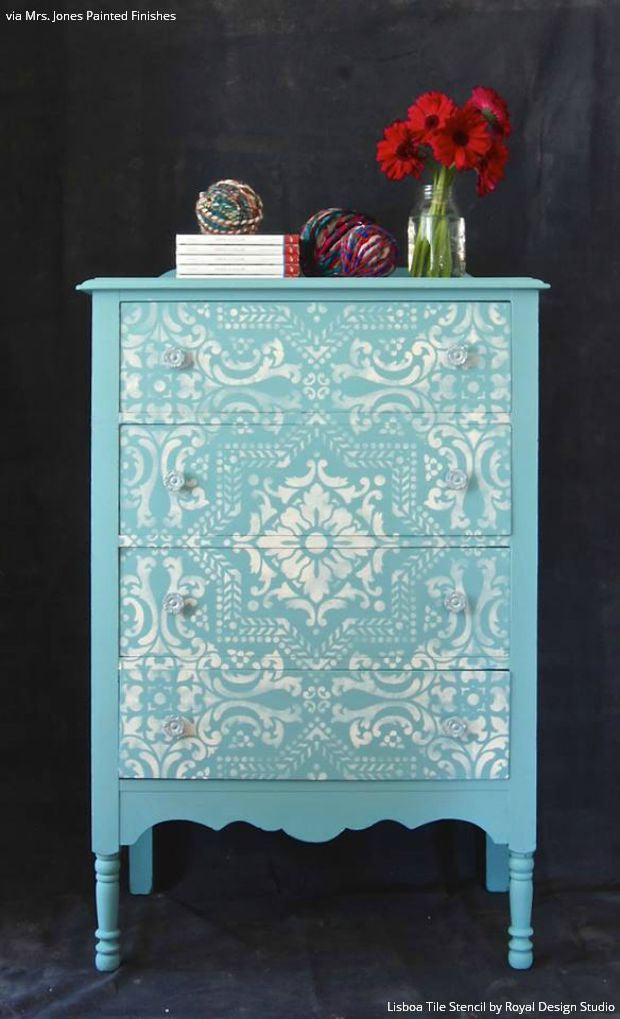 Tiffany Blue and White Chalk Paint Painted Furniture with Lisboa Tile Stencils - Royal Design Studio