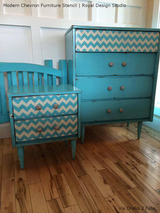 Classic Pattern Painted onto Dresser Drawers - Modern Chevron Furniture Stencil by Royal Design Studio 