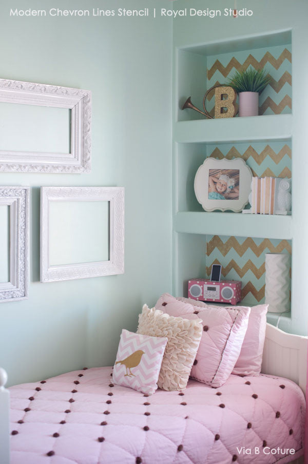Cute Girls Room Decor Ideas - Modern and Classic Patterns for Painting Walls - Chevron Wall Stencils - Royal Design Studio