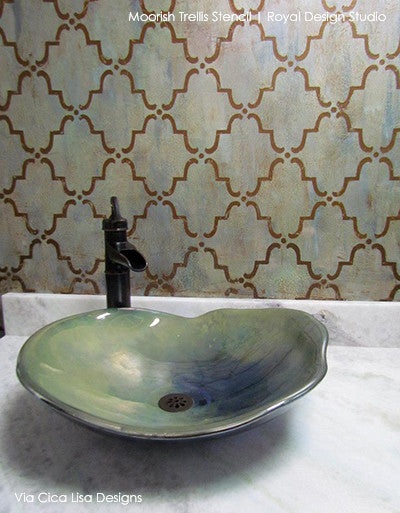 Metallic Bathroom Walls Makeover - Moorish Trellis Moroccan Wall Stencils - Royal Design Studio