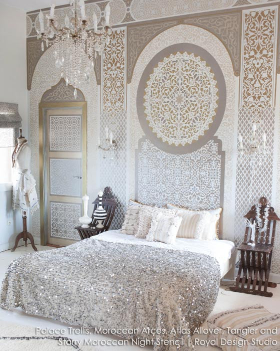 Trendy Detailed Wall Pattern - Palace Trellis Moroccan Wall Stencils for Painting - Royal Design Studio