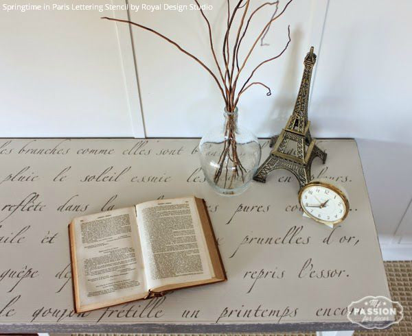 DIY Shabby Chic Vintage Decor and Painted Table Top - Springtime in Paris Lettering Stencils - Royal Design Studio