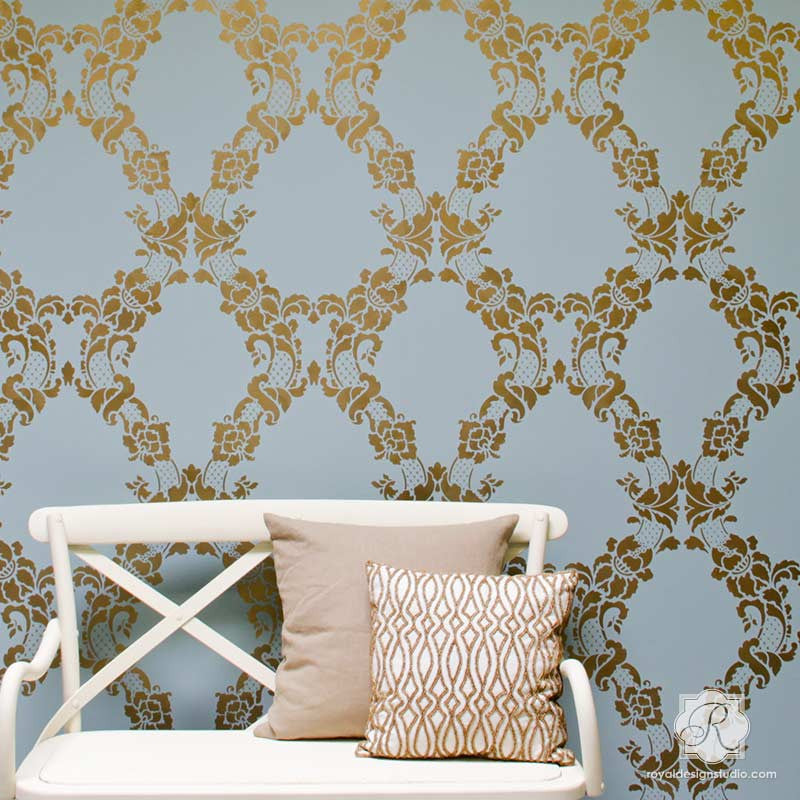 Elegant damask wall stencils with wallpaper look - Floral Cascade Damask Wall Stencils - Royal Design Studio