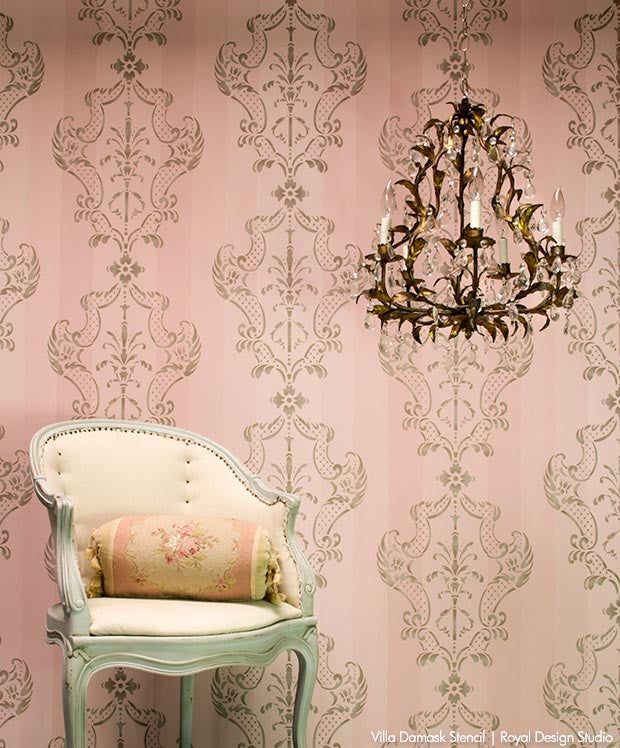 DIY Painted Wallpaper Look with Italian Damask Stencils - Villa Damask Wall Stencils with Ombre Pink Chalk Paint - Royal Design Studio