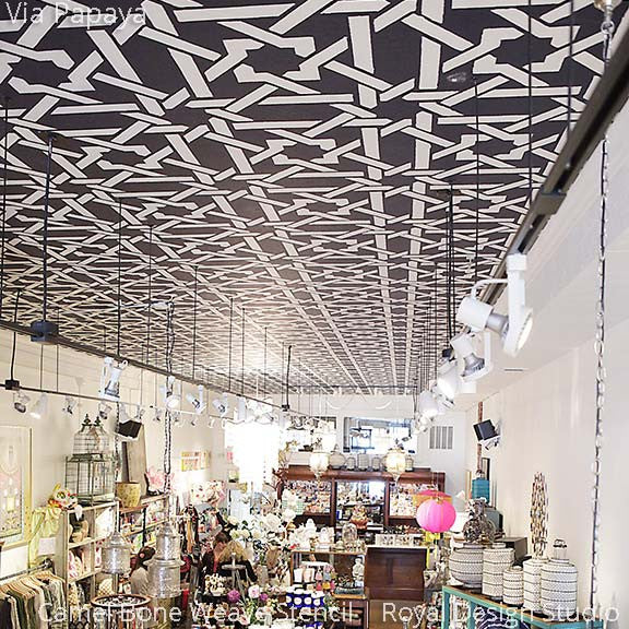 DIY Painted Ceiling with Contrasting Black and White Exotic Pattern - Camel Bone Weave Moroccan Stencils - Royal Design Studio