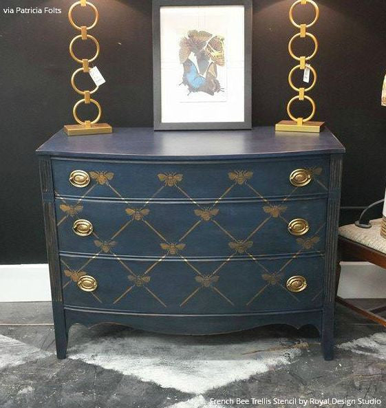 Navy Blue Painted Dresser Drawers with Designer French Bee Trellis Furniture Stencils - Royal Design Studio