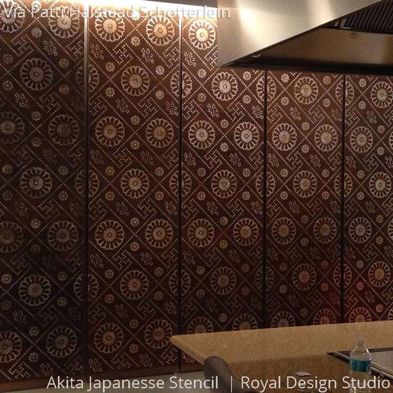 Elegant Asian Design and Allover Wallpaper Pattern - Akita Oriental Wall Stencils - Royal Design Studio