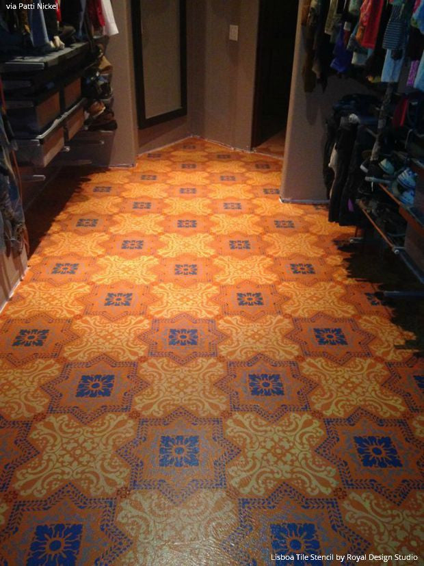 Colorful DIY Painted Floor with Faux Tile using Lisboa Tile Stencils - Royal Design Studio