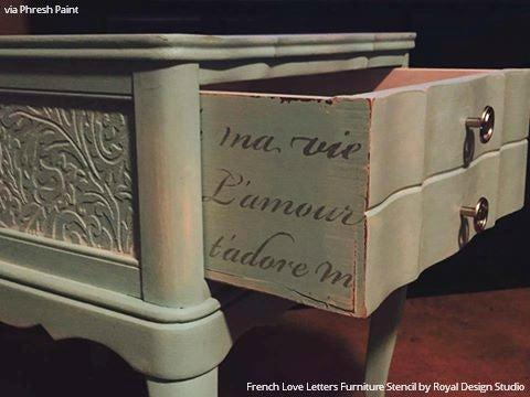 Decorating Sides of Drawers with Pattern - French Love Letters Furniture Stencils - Royal Design Studio
