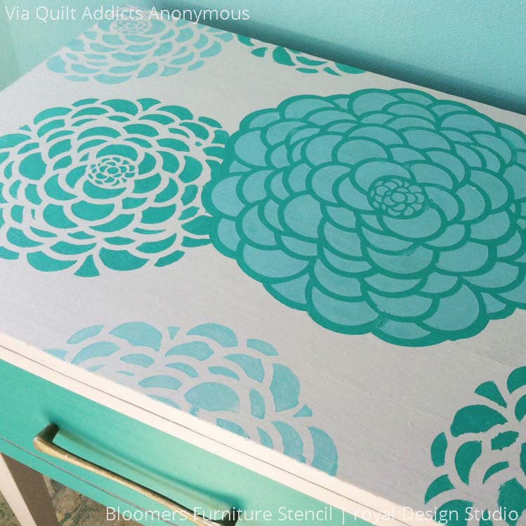Tiffany Blue Turquoise Painted Furniture Upcycle with Colorful and Modern Flower Furniture Stencils - Royal Design Studio