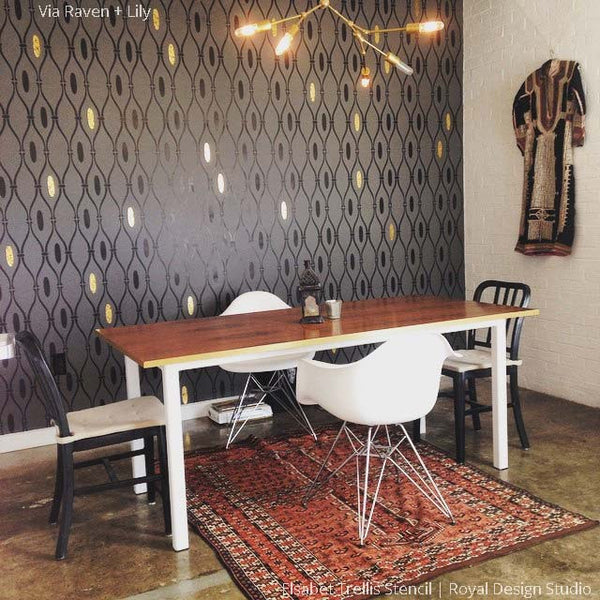 Decorate Accent Wall with Elegant Metallic Gold and Dark Black Paint - Elsabet Trellis Wall Stencils for Classy DIY Decorating - Royal Design Studio