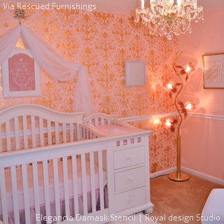 Orange and Pink Designer Wallpaper Look in Baby Nursery Decor - Elegancia Allover Wall Stencils - Royal Design Studio