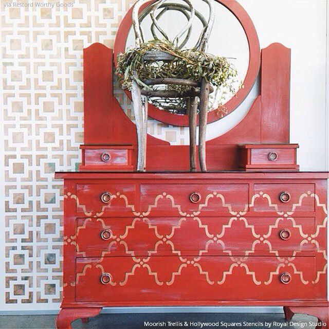Stenciling Dresser Drawers with Red Chalk Paint and Pattern - Moorish Trellis Furniture Stencils - Royal Design Studio