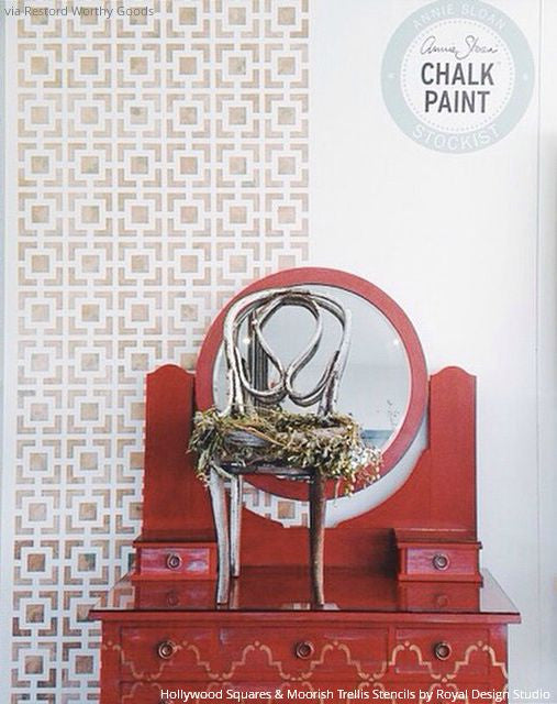 Metallic Paint and Chalk Paint to Stencil a Wall and Furniture with Elegant Designer Stencil Patterns - Royal Design Studio