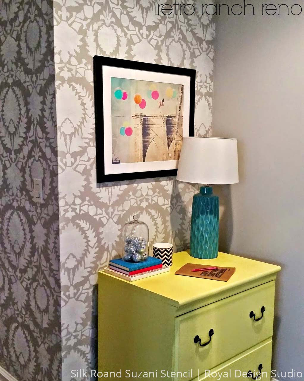 Modern Fabric Damask Wallpaper Look but Painted with Suzani Wall Stencils - Royal Design Studio