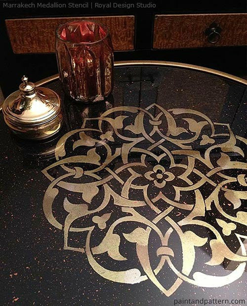 Metallic Gold Glass Table with Moroccan Art Furniture Stencils - Royal Design Studio