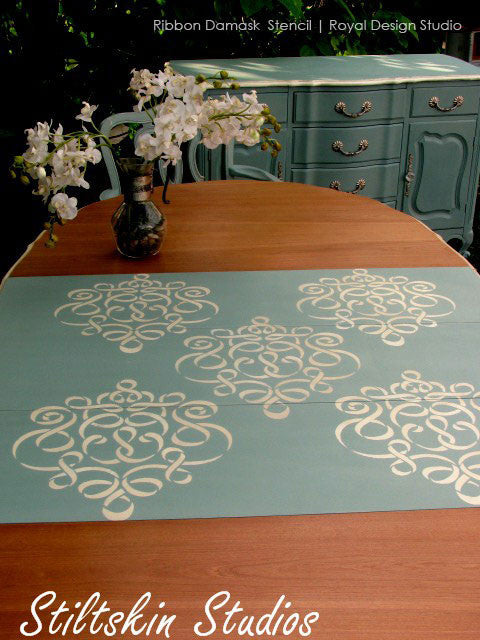 Allover Damask Ribbon Furniture Stencils for Painting Furniture with Chalk Paint - Royal Design Studio