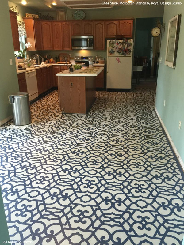 DIY Painted Floor Makeover using Large Pattern Chez Sheik Moroccan Wall Stencils - Royal Design Studio