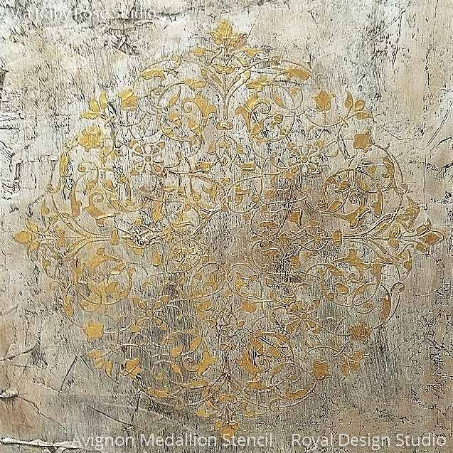 Gilded Metallic Wall Art using Avignon Medallion Stencils for DIY Designer Style - Royal Design Studio