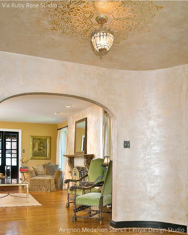 Grand Painted Ceiling in Entry Way Stenciled with Avignon Ceiling Medallions Stencils - Royal Design Studio