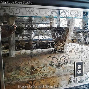 Painted Antique Mirror Wall Decor Gilded with Elegancia Allover Wall Stencils - Royal Design Studio