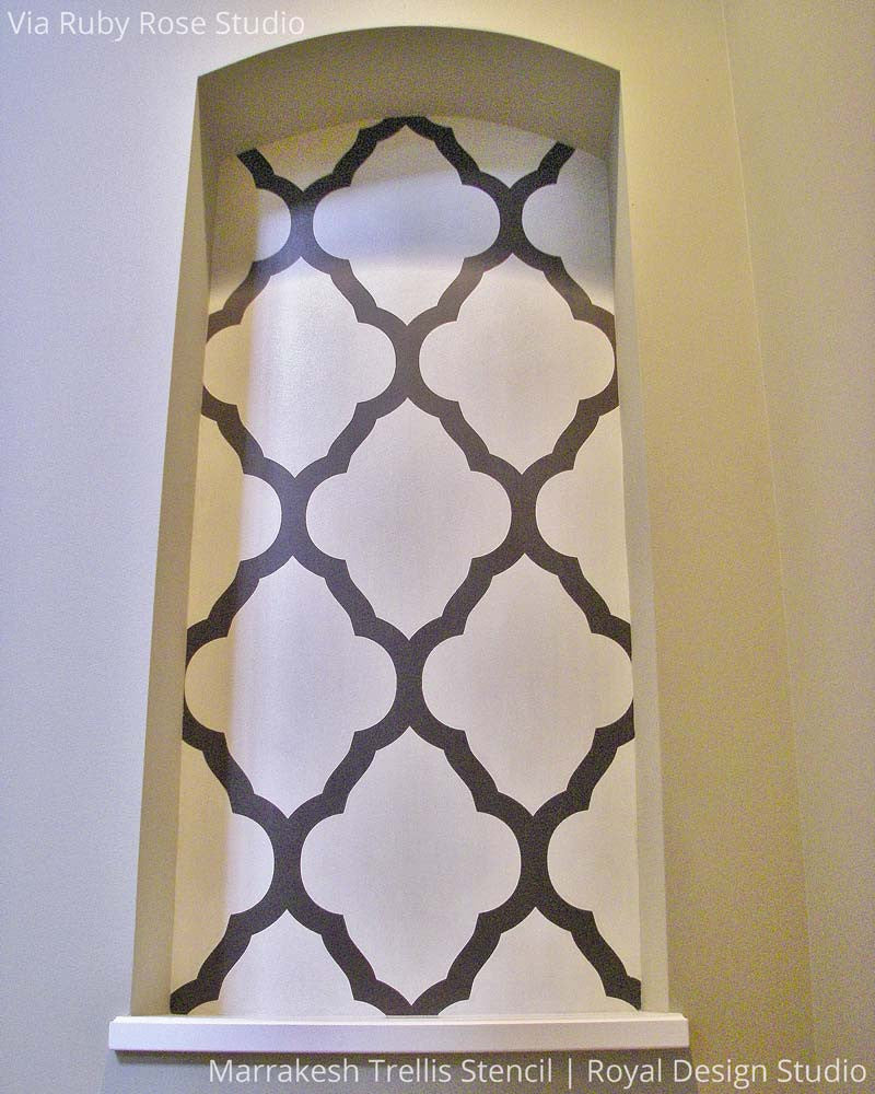 Exotic Designer Wallpaper Look using Easy DIY Marrakesh Trellis Moroccan Wall Stencils - Royal Design Studio