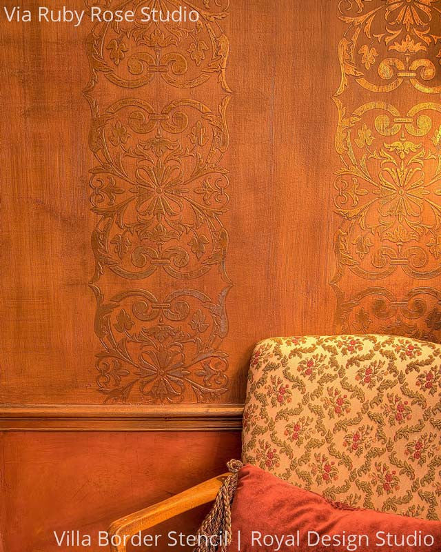 Elegant Metallic Copper and Gold Painted Walls with Stenciled Villa Border - Royal Design Studio