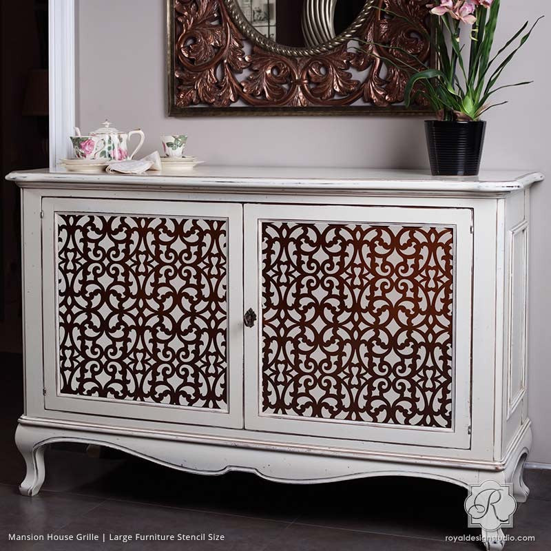 Painted Dresser with Chic Trellis Patterns - Mansion House Grille Trellis Furniture Stencils - Royal Design Studio