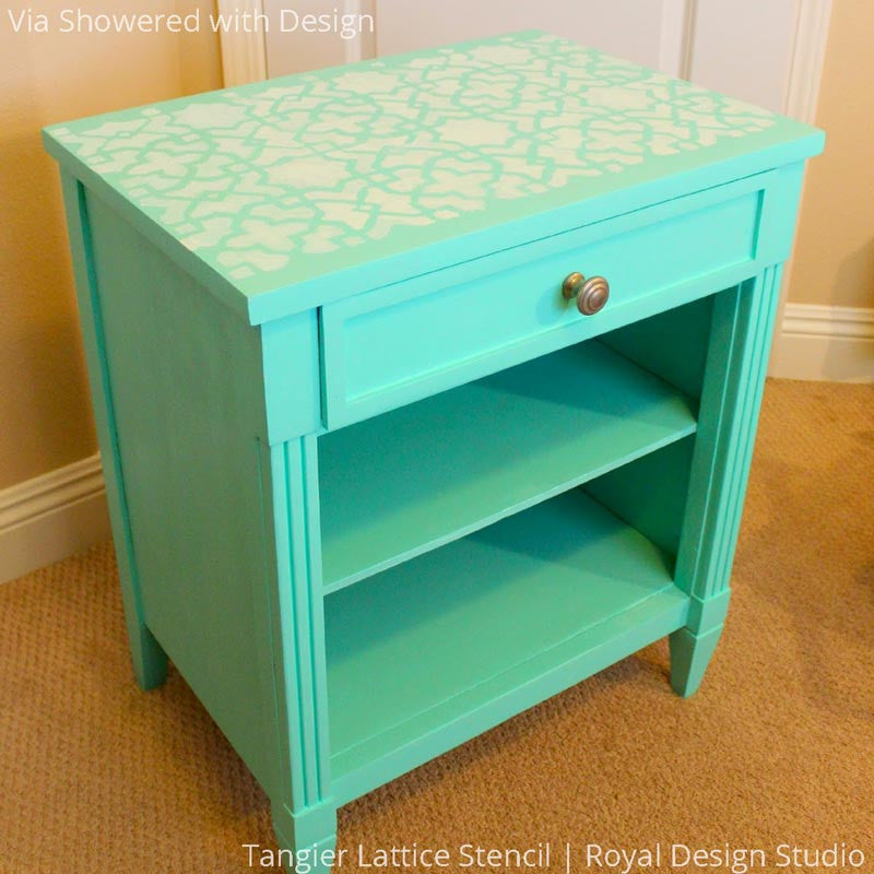 Tiffany Blue Turquoise Side Table DIY Project using  Tangier Lattice Moroccan Furniture Stencils - Royal Design Studio