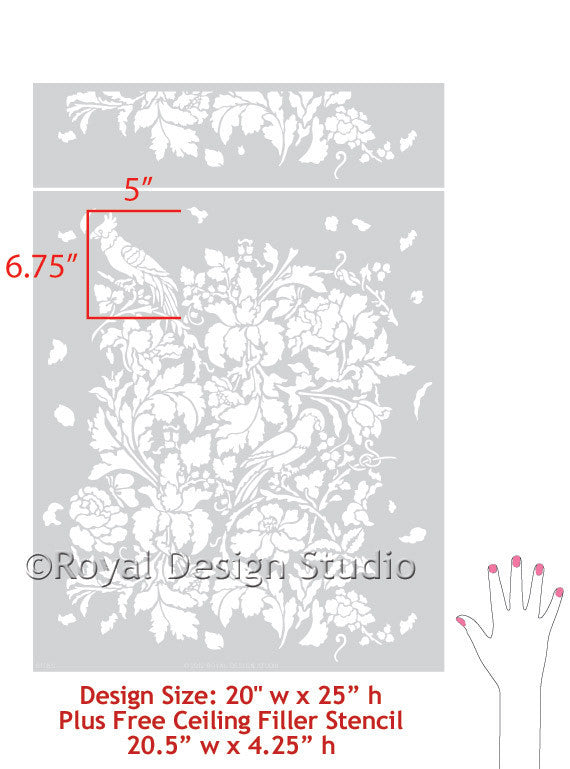 Flowers and bird damask wall stencils for painting elegant floral wall decor - Royal Design Studio