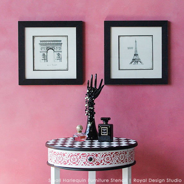 Colorful and Geometric Black and Pink Painted Furniture with Harlequin Furniture Stencils - Royal Design Studio