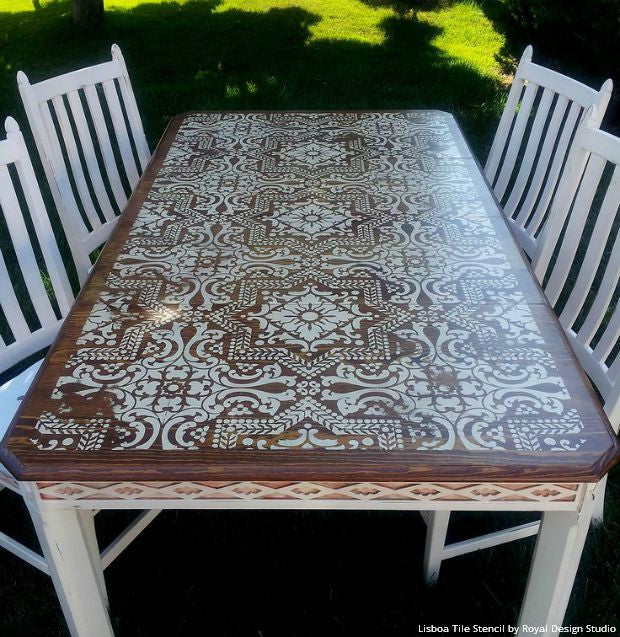 Boho Chic Stained Wood and White Chalk Paint Painted Furniture Table Top with Lisboa Tile Stencils - Royal Design Studio