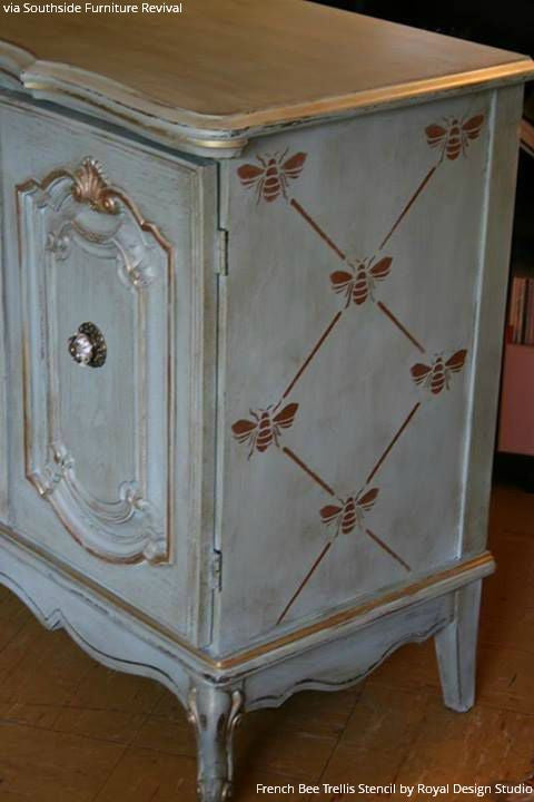 Vintage Boho Style Painted Dresser with French Bee Trellis Stencils - Royal Design Studio