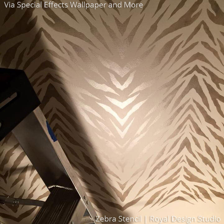 Designer Wallpaper Look using Animal Print Zebra Stripes Stencils - Royal Design Studio